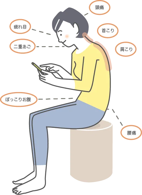 スマホを見ている姿勢と首・肩・背中への負担イメージイラスト